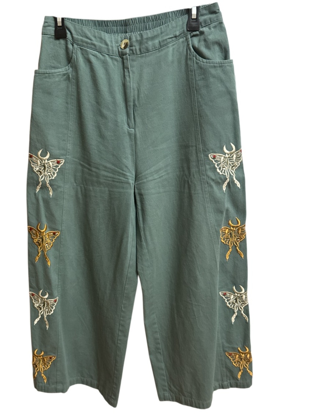 EARTHBOUND Sage Green Wide-Leg Embroidered Pants